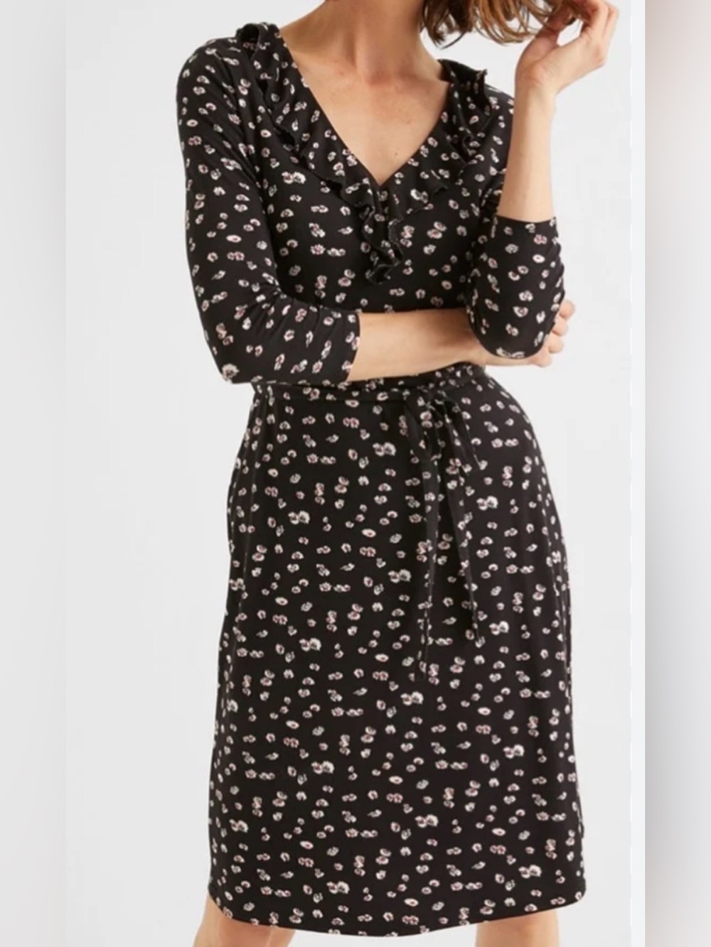 Boden 3/4 sleeves knee length dress floral career office v neck stretch ruffle 6